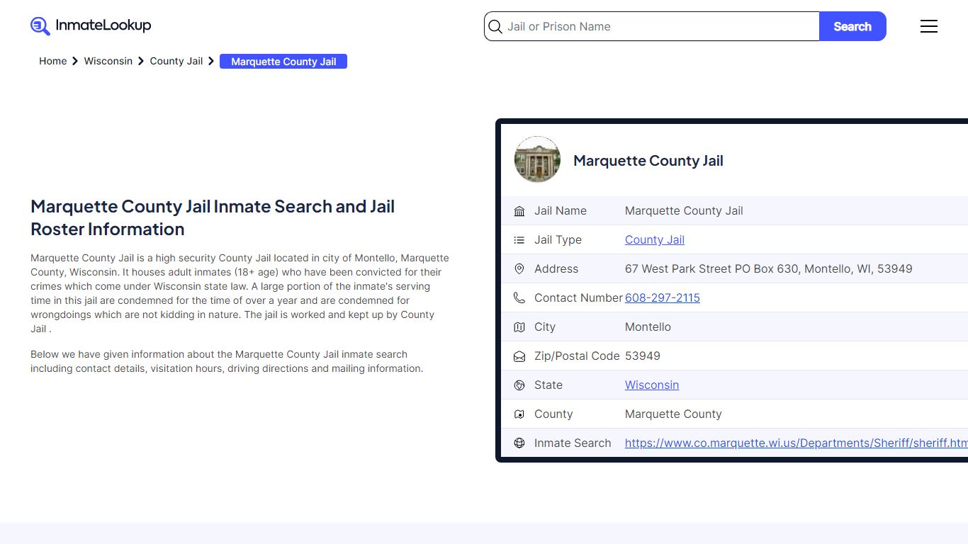 Marquette County Jail Inmate Search and Jail Roster Information