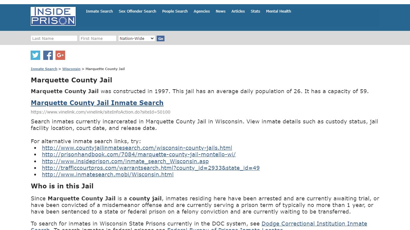 Marquette County Jail - Wisconsin - Inmate Search - Inside Prison